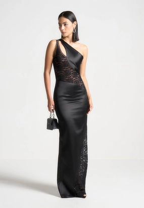 Satin and Lace Midaxi Dress - Black Seasonal Wear Airy Drape