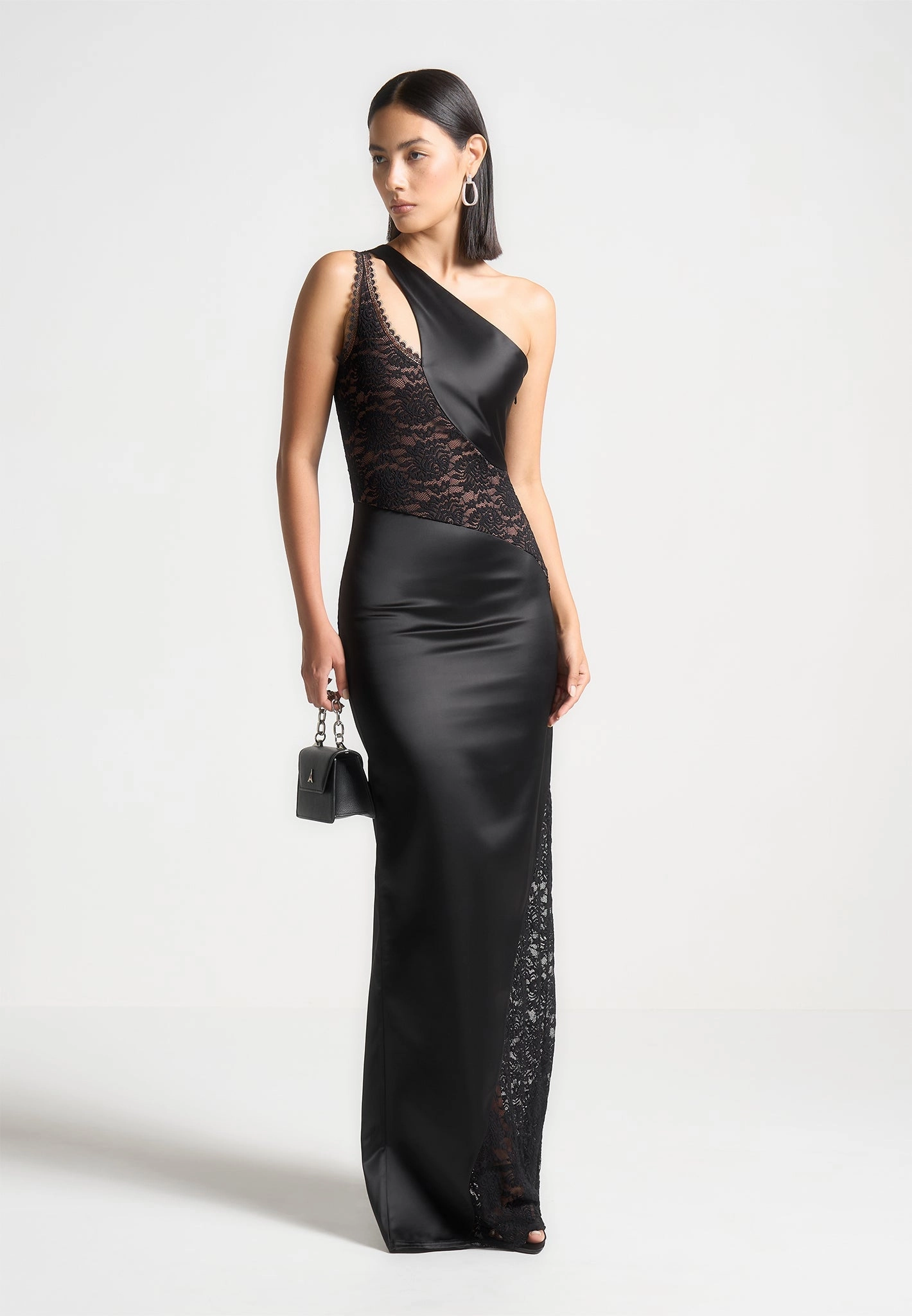 Satin and Lace Midaxi Dress - Black Seasonal Wear Airy Drape