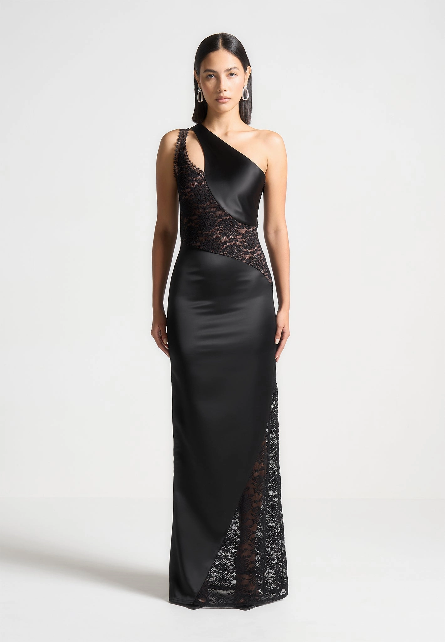 Fashionable Wear Minimalist Design Satin and Lace Midaxi Dress - Black