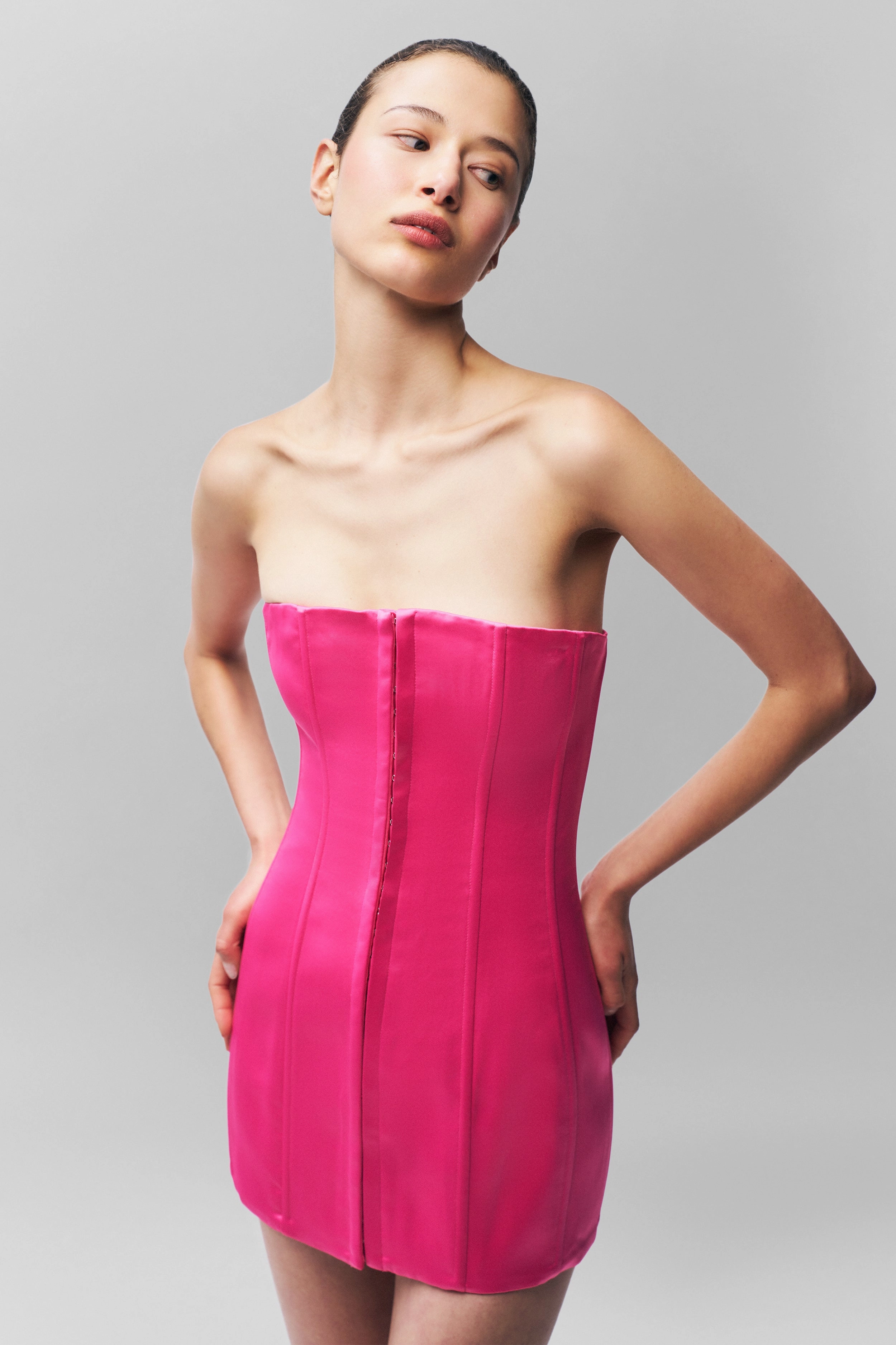Tonal-Stitching Satin Corset Dress