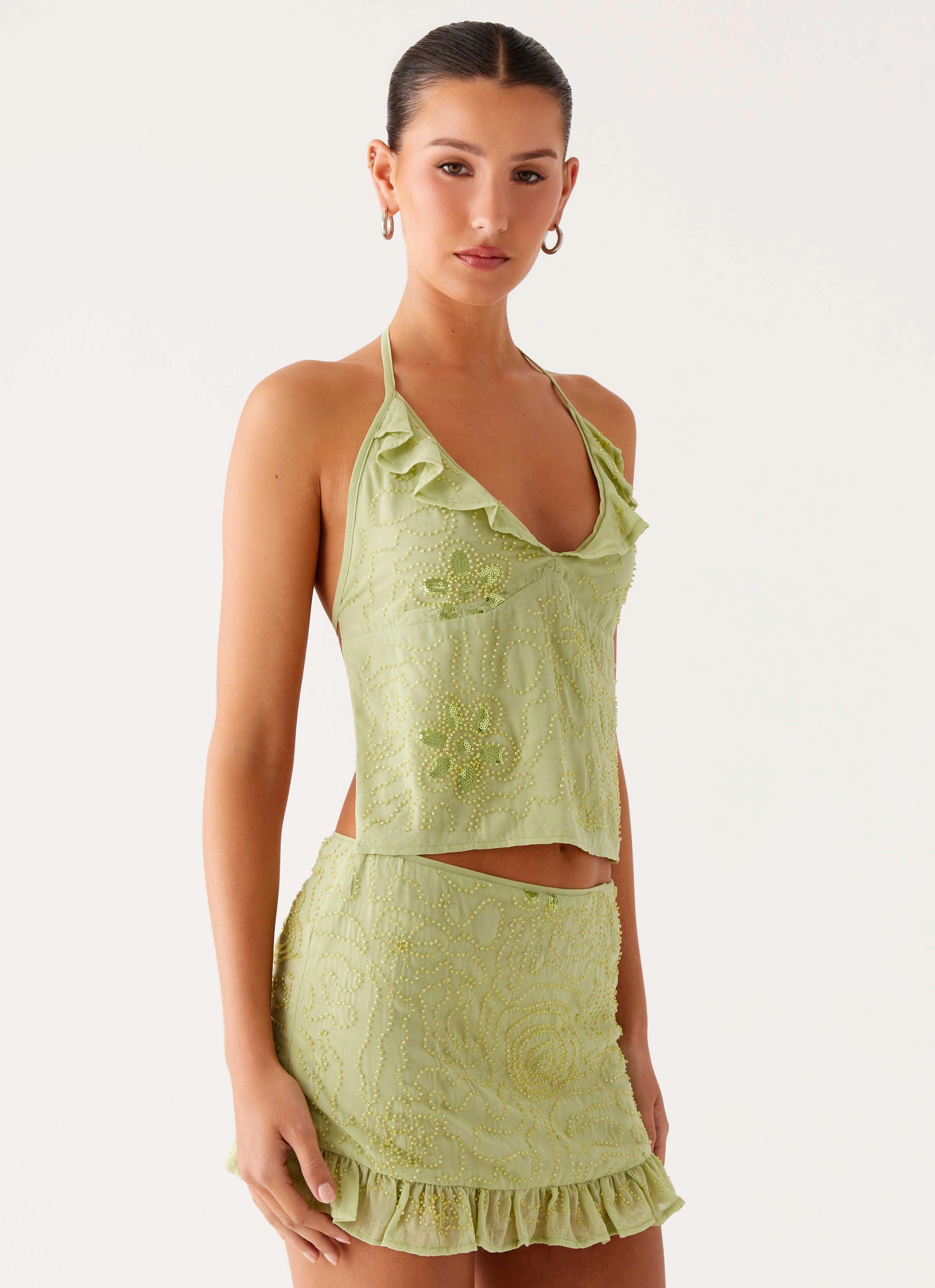 Savoir Beaded Halter Top - Mint Soft Blended Fabric