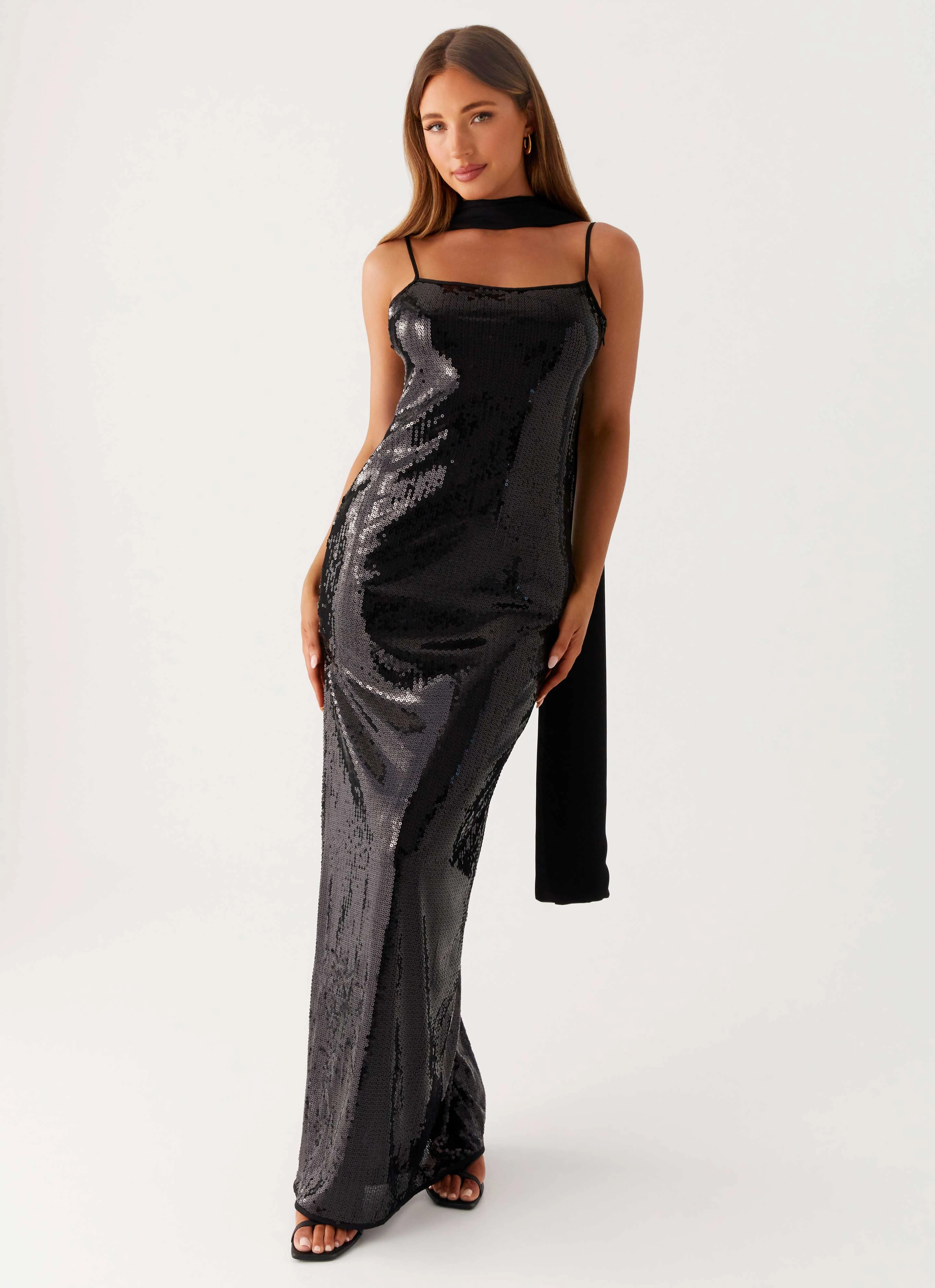 Scarf Neck Sequins Maxi Dress - Black Polished Finish