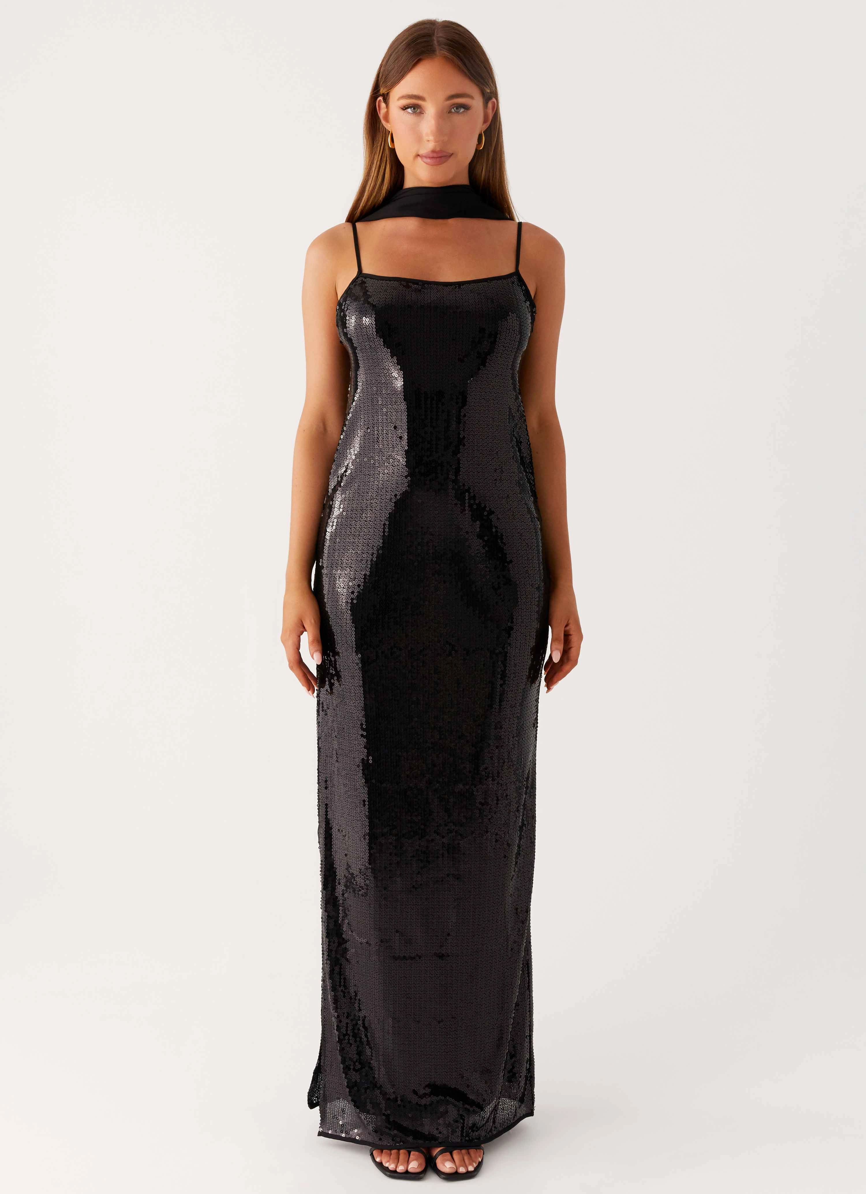 Fashionable Fit soft fit Scarf Neck Sequins Maxi Dress - Black