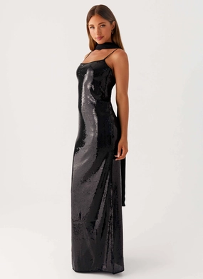 Scarf Neck Sequins Maxi Dress - Black All weather