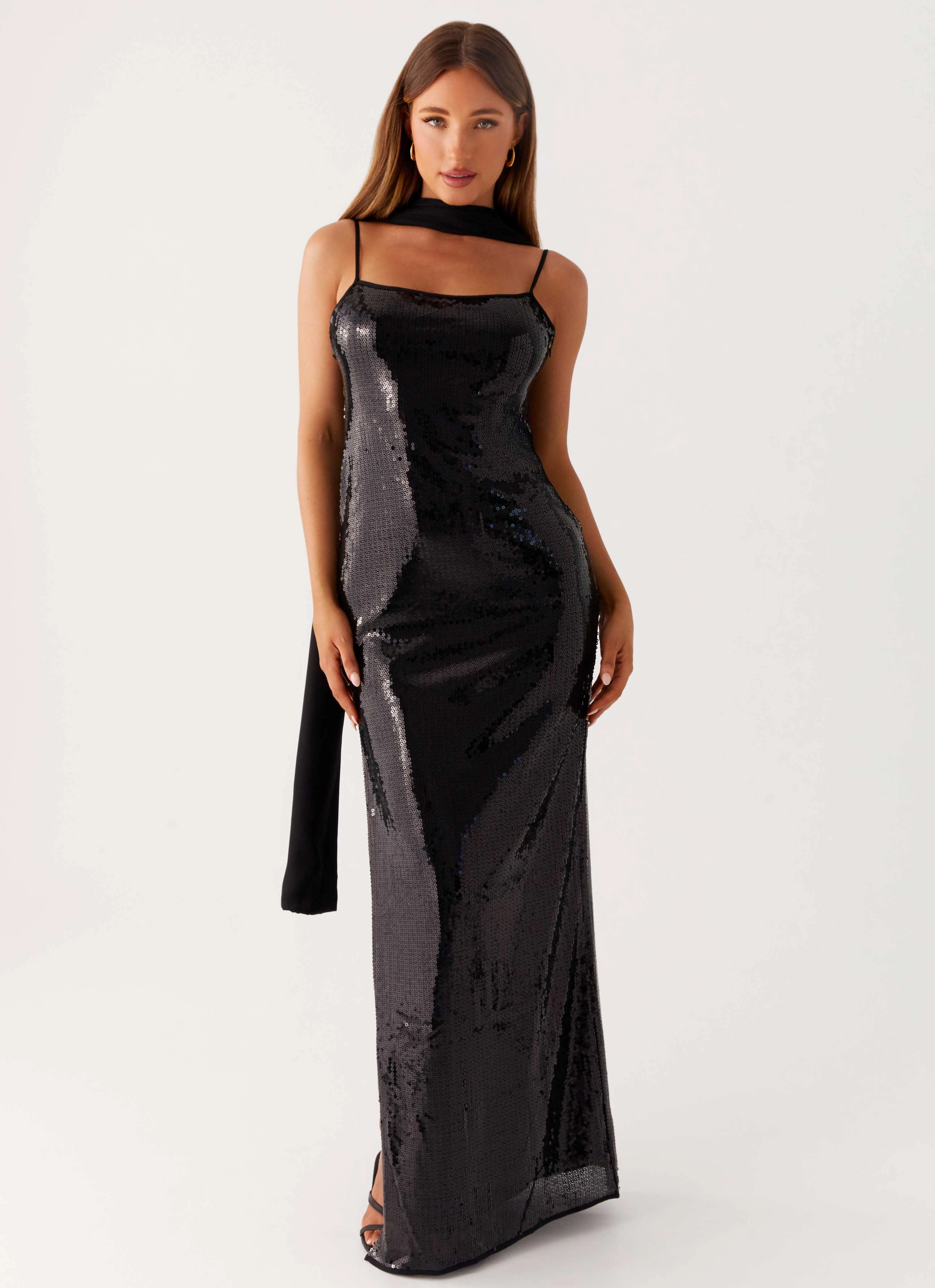Scarf Neck Sequins Maxi Dress - Black Professional Comfort
