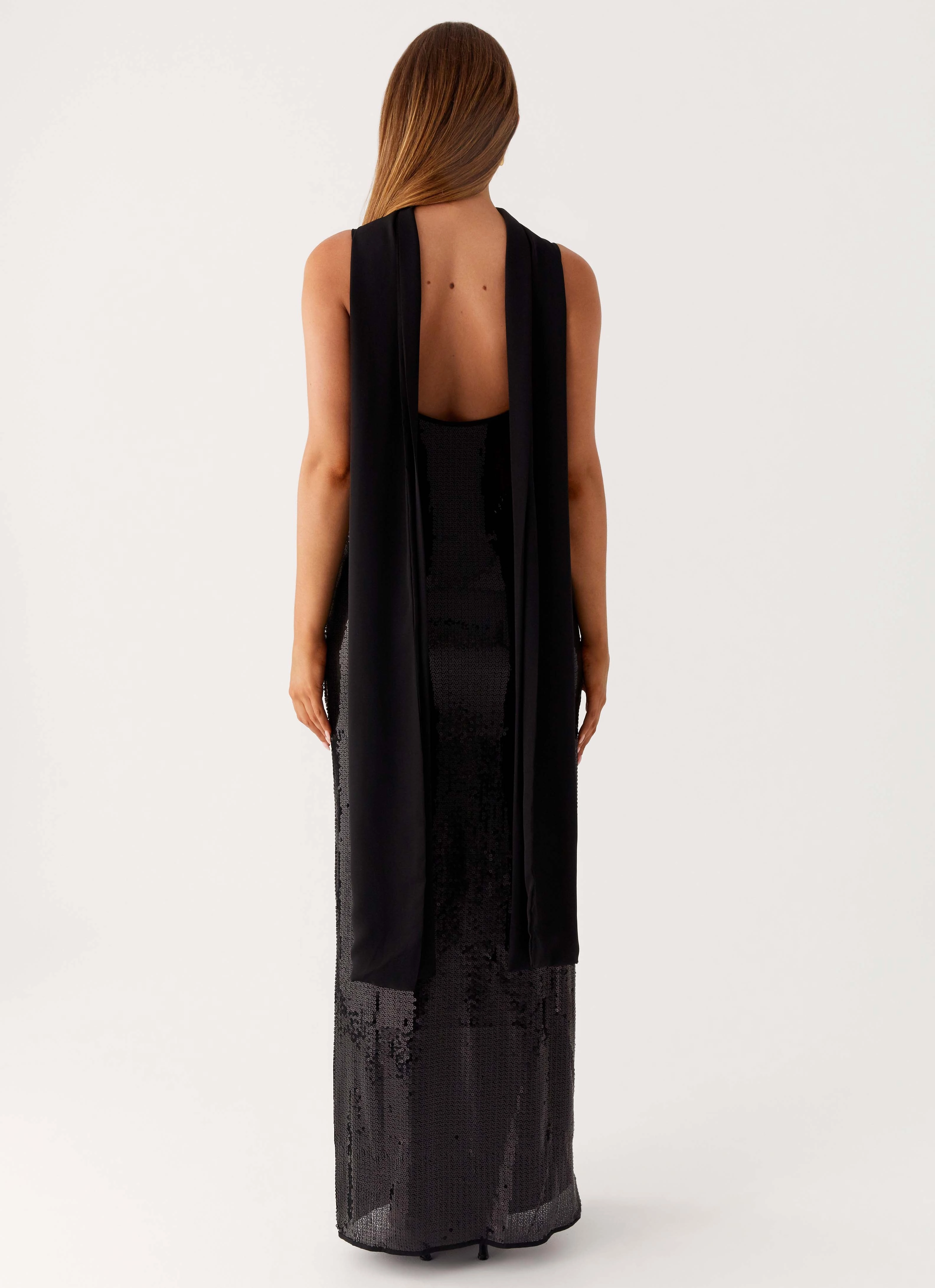 Soft Tone Visual Balance Scarf Neck Sequins Maxi Dress - Black