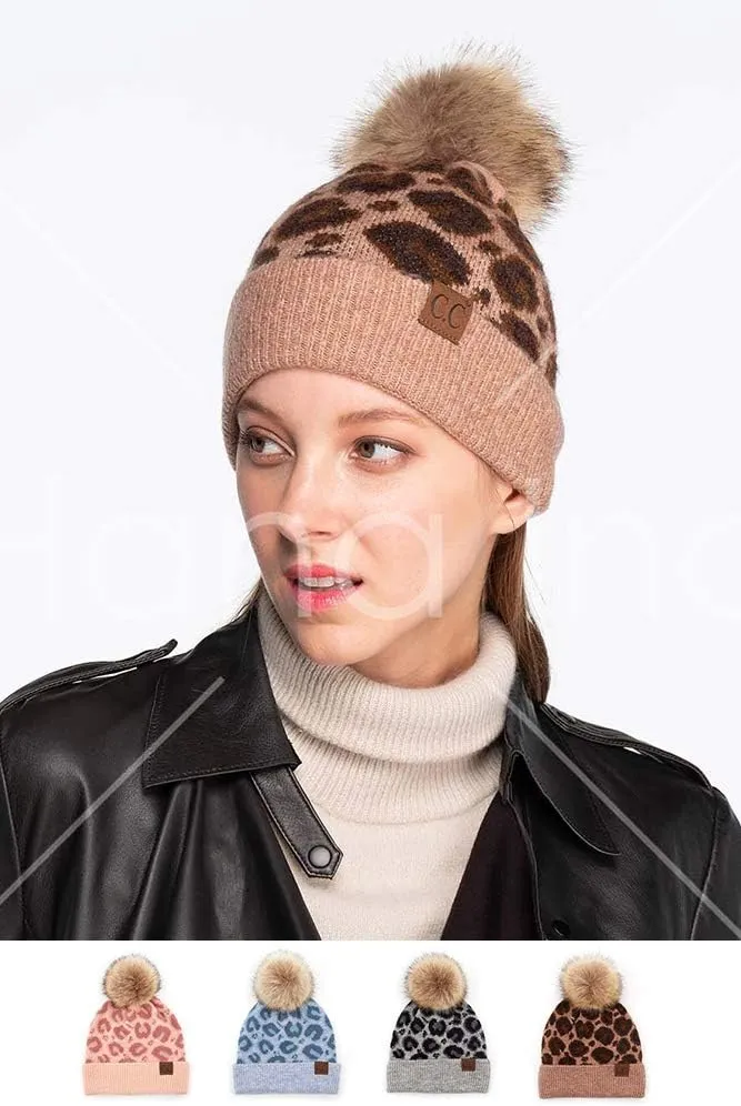 ScarvesMe Women's Leopard Animal Print Warm Winter Beanie Hat with Pom