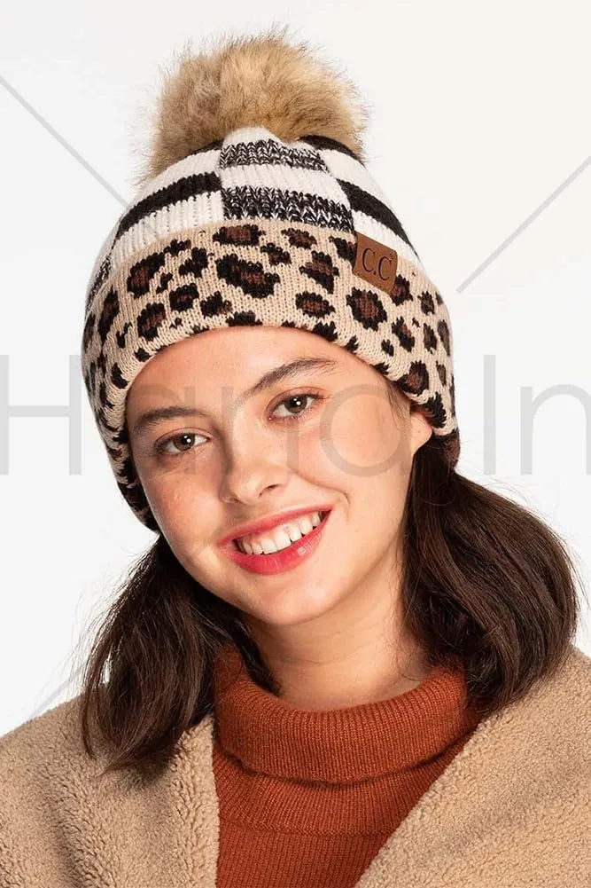 ScarvesMe Women's Leopard Animal Print Warm Winter Beanie Hat with Pom