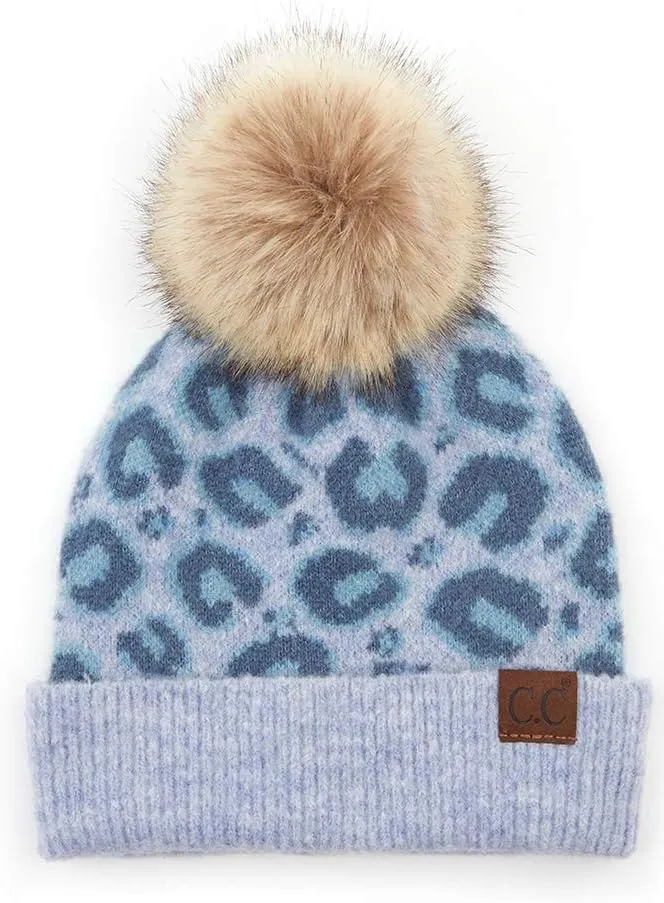 ScarvesMe Women's Leopard Animal Print Warm Winter Beanie Hat with Pom