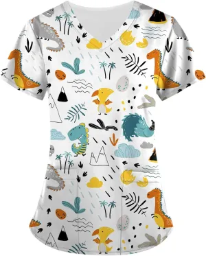 Scrubs for Women Casual Printed Work Uniform T-Shirt V Neck Short Sleeve Nurse Scrub Tunic Blouse with Pockets