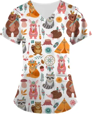 Scrubs for Women Casual Printed Work Uniform T-Shirt V Neck Short Sleeve Nurse Scrub Tunic Blouse with Pockets