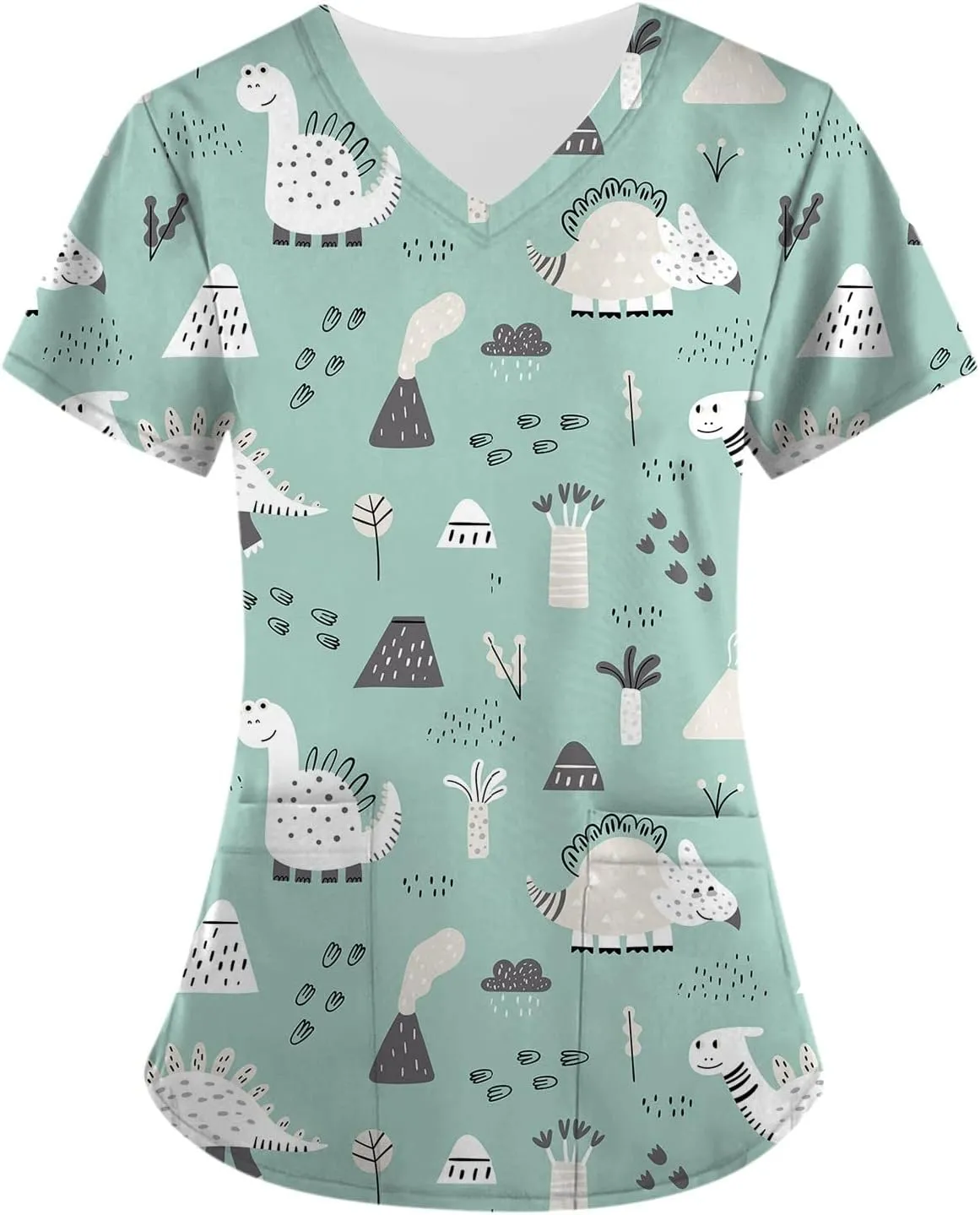 Scrubs for Women Casual Printed Work Uniform T-Shirt V Neck Short Sleeve Nurse Scrub Tunic Blouse with Pockets