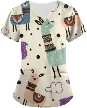 Scrubs for Women Casual Printed Work Uniform T-Shirt V Neck Short Sleeve Nurse Scrub Tunic Blouse with Pockets