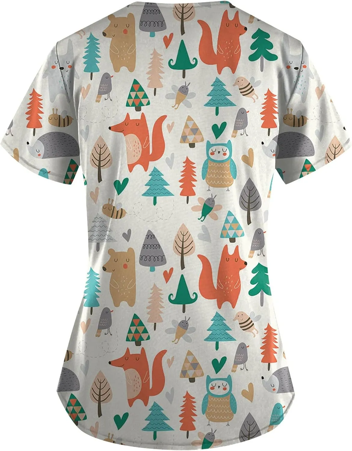Scrubs for Women Casual Printed Work Uniform T-Shirt V Neck Short Sleeve Nurse Scrub Tunic Blouse with Pockets