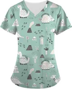 Scrubs for Women Casual Printed Work Uniform T-Shirt V Neck Short Sleeve Nurse Scrub Tunic Blouse with Pockets