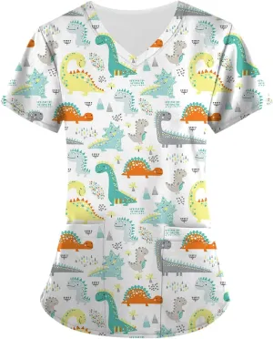 Scrubs for Women Casual Printed Work Uniform T-Shirt V Neck Short Sleeve Nurse Scrub Tunic Blouse with Pockets