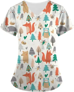 Scrubs for Women Casual Printed Work Uniform T-Shirt V Neck Short Sleeve Nurse Scrub Tunic Blouse with Pockets