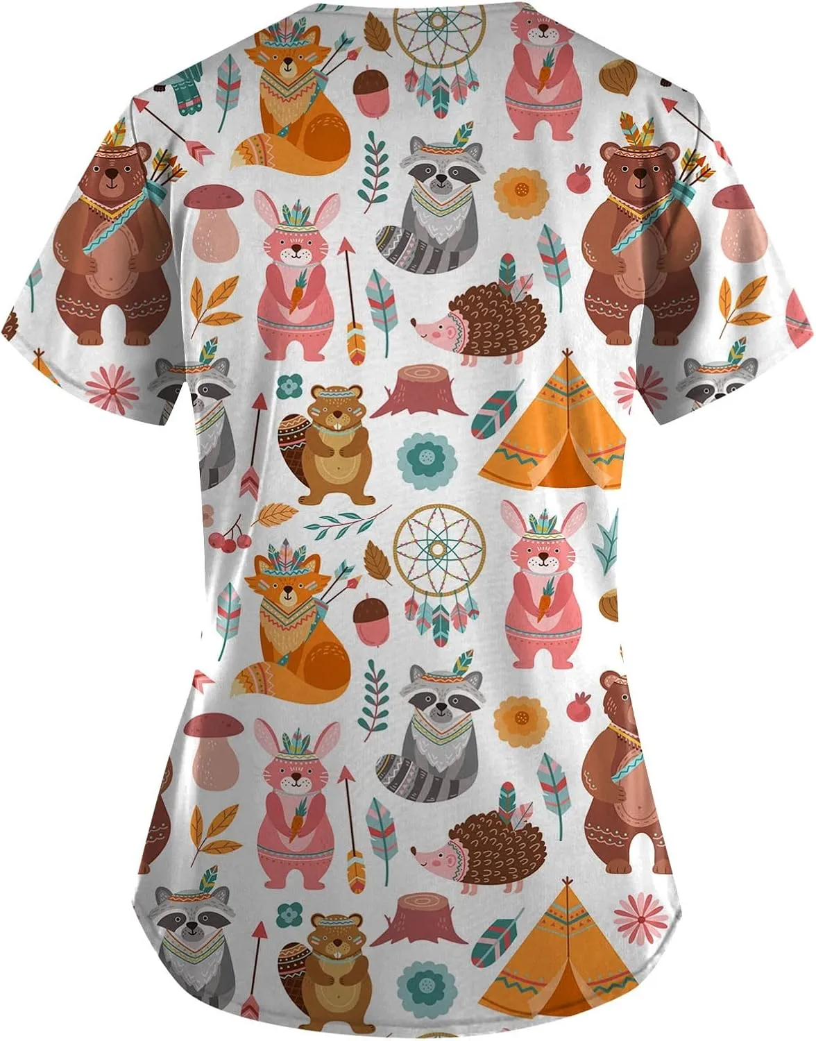 Scrubs for Women Casual Printed Work Uniform T-Shirt V Neck Short Sleeve Nurse Scrub Tunic Blouse with Pockets