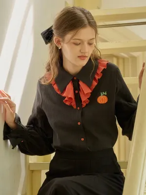 ??Final Sale??Emryn Contrast Panels Pumpkin Halloween Shirt FlexibleCuff