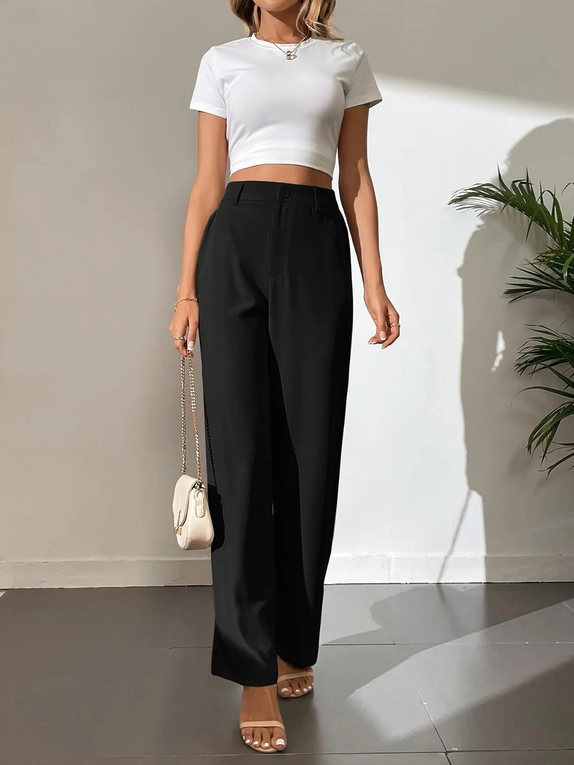 SECOLI Women's Straight Wide Leg Trousers Pants Black Casual Solid Wide Leg Pants