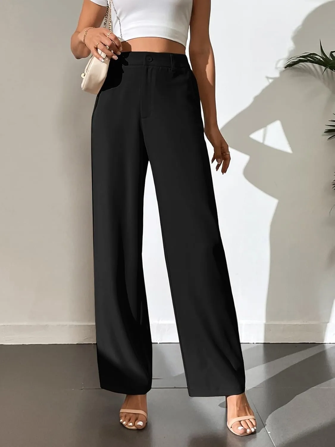 SECOLI Women's Straight Wide Leg Trousers Pants Black Casual Solid Wide Leg Pants