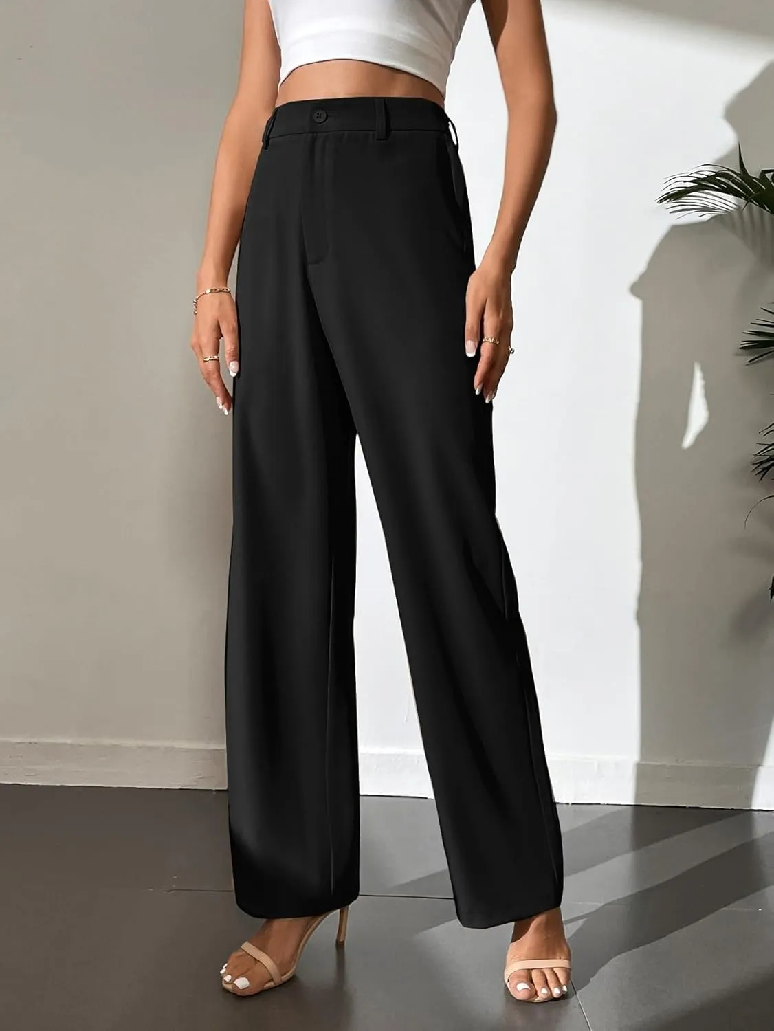 SECOLI Women's Straight Wide Leg Trousers Pants Black Casual Solid Wide Leg Pants