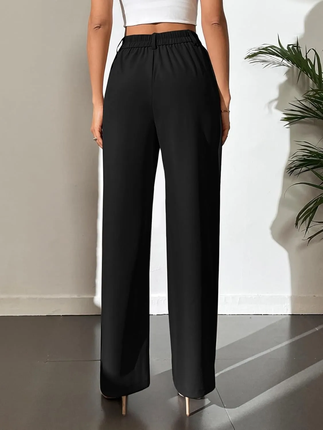 SECOLI Women's Straight Wide Leg Trousers Pants Black Casual Solid Wide Leg Pants