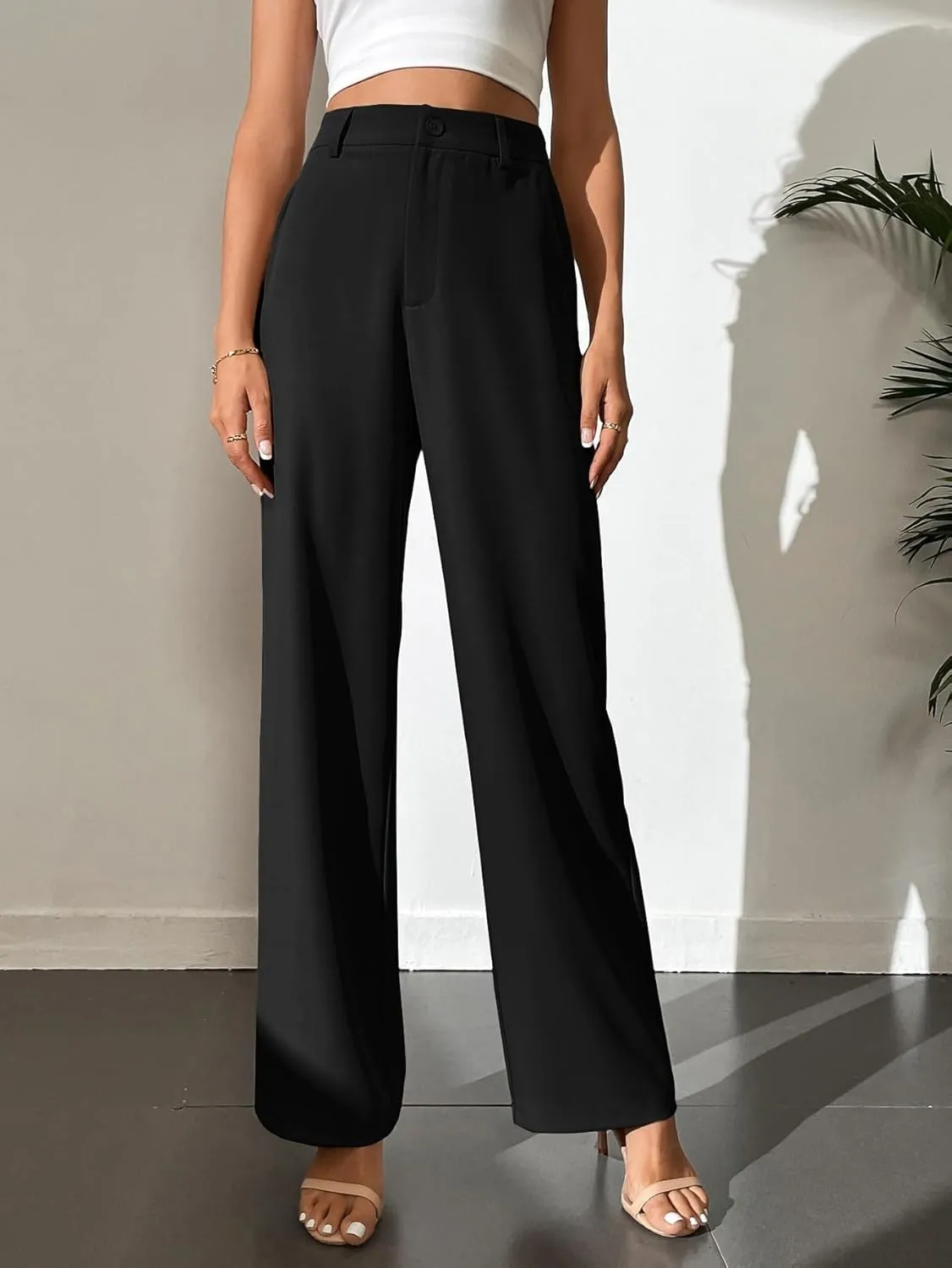 SECOLI Women's Straight Wide Leg Trousers Pants Black Casual Solid Wide Leg Pants