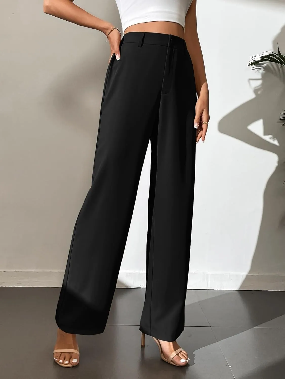 SECOLI Women's Straight Wide Leg Trousers Pants Black Casual Solid Wide Leg Pants