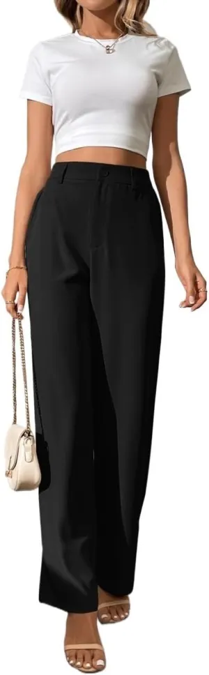 SECOLI Women's Straight Wide Leg Trousers Pants Black Casual Solid Wide Leg Pants
