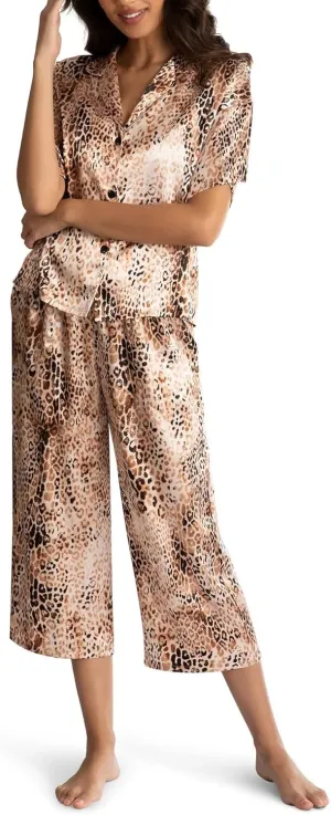 Secret Treasure Women's Animal Print Satin Cropped Pajama Sleep Set