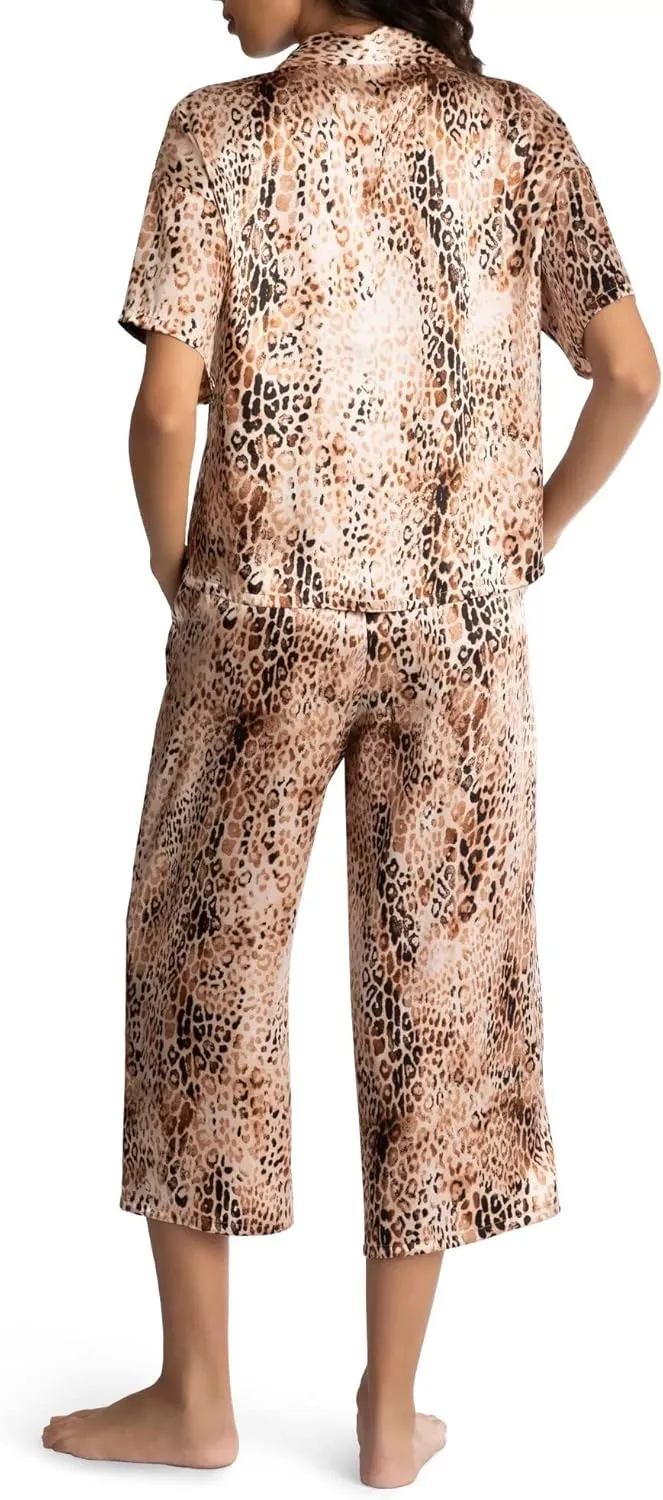 Secret Treasure Women's Animal Print Satin Cropped Pajama Sleep Set