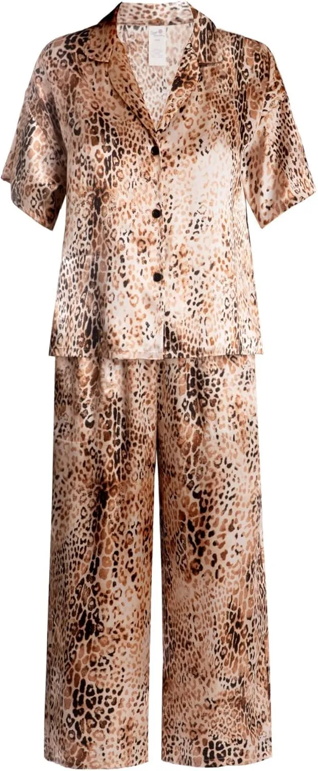 Secret Treasure Women's Animal Print Satin Cropped Pajama Sleep Set