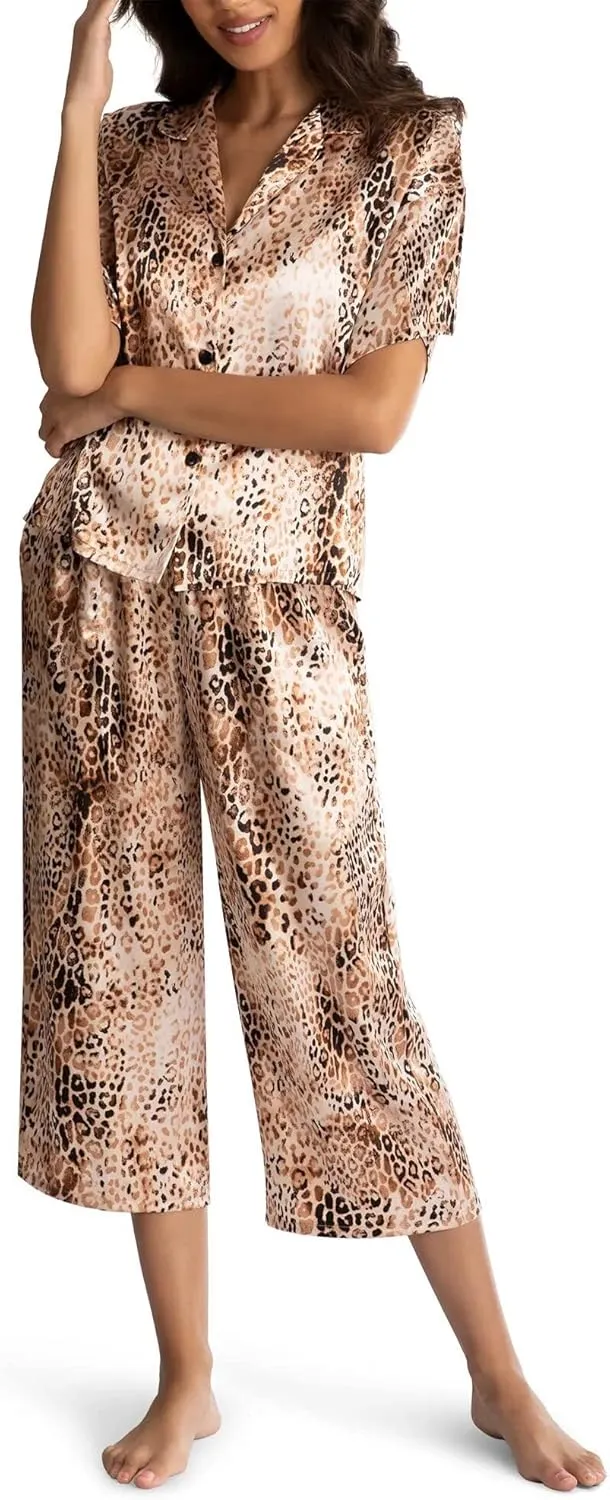 Secret Treasure Women's Animal Print Satin Cropped Pajama Sleep Set