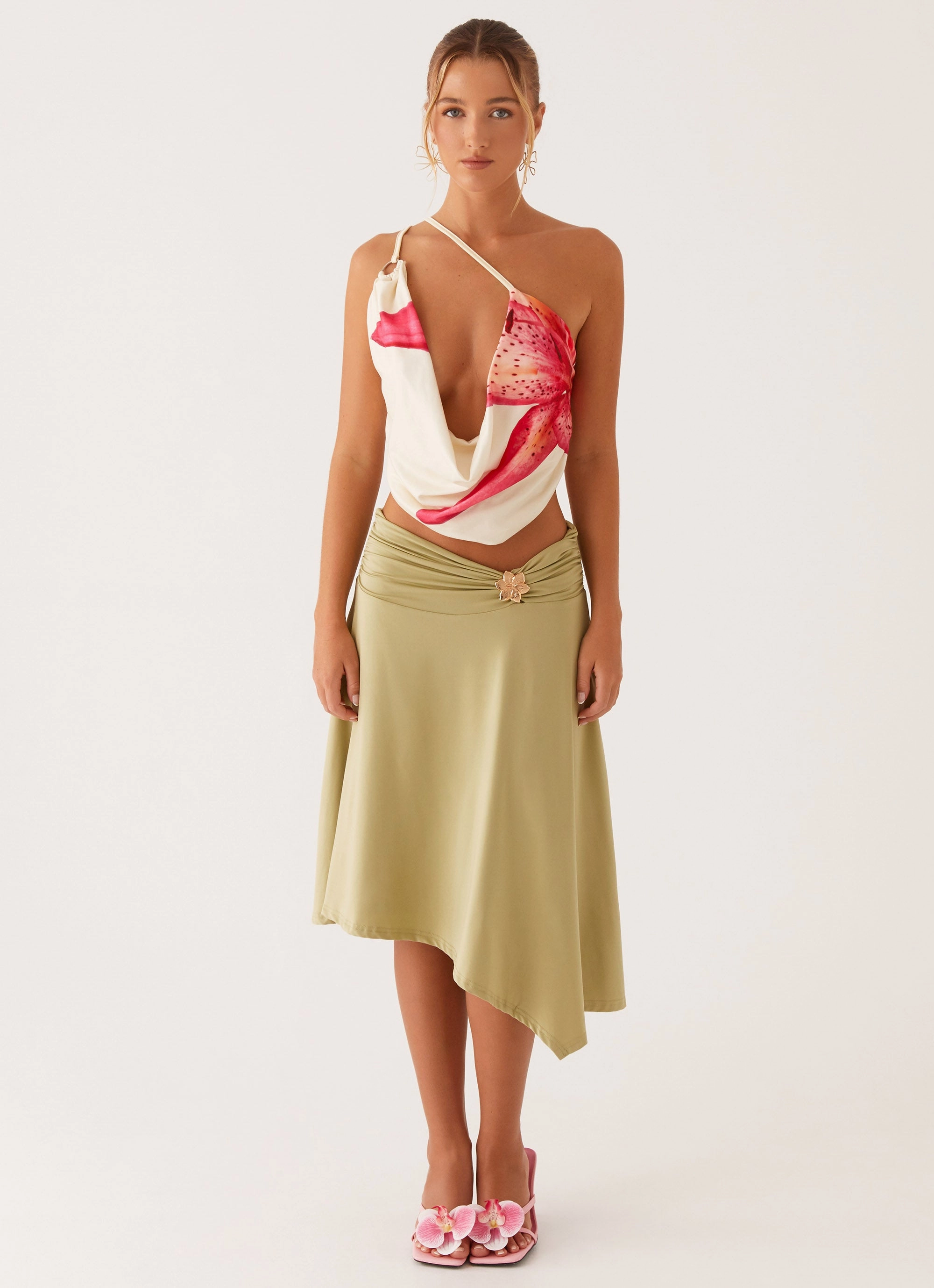 Dolly Midi Skirt - Green Roll Up Fasten