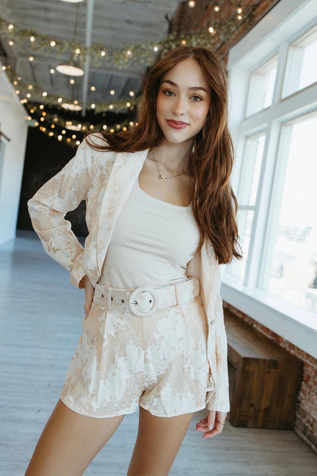 Frosted Floral Shorts Wool blend date night look