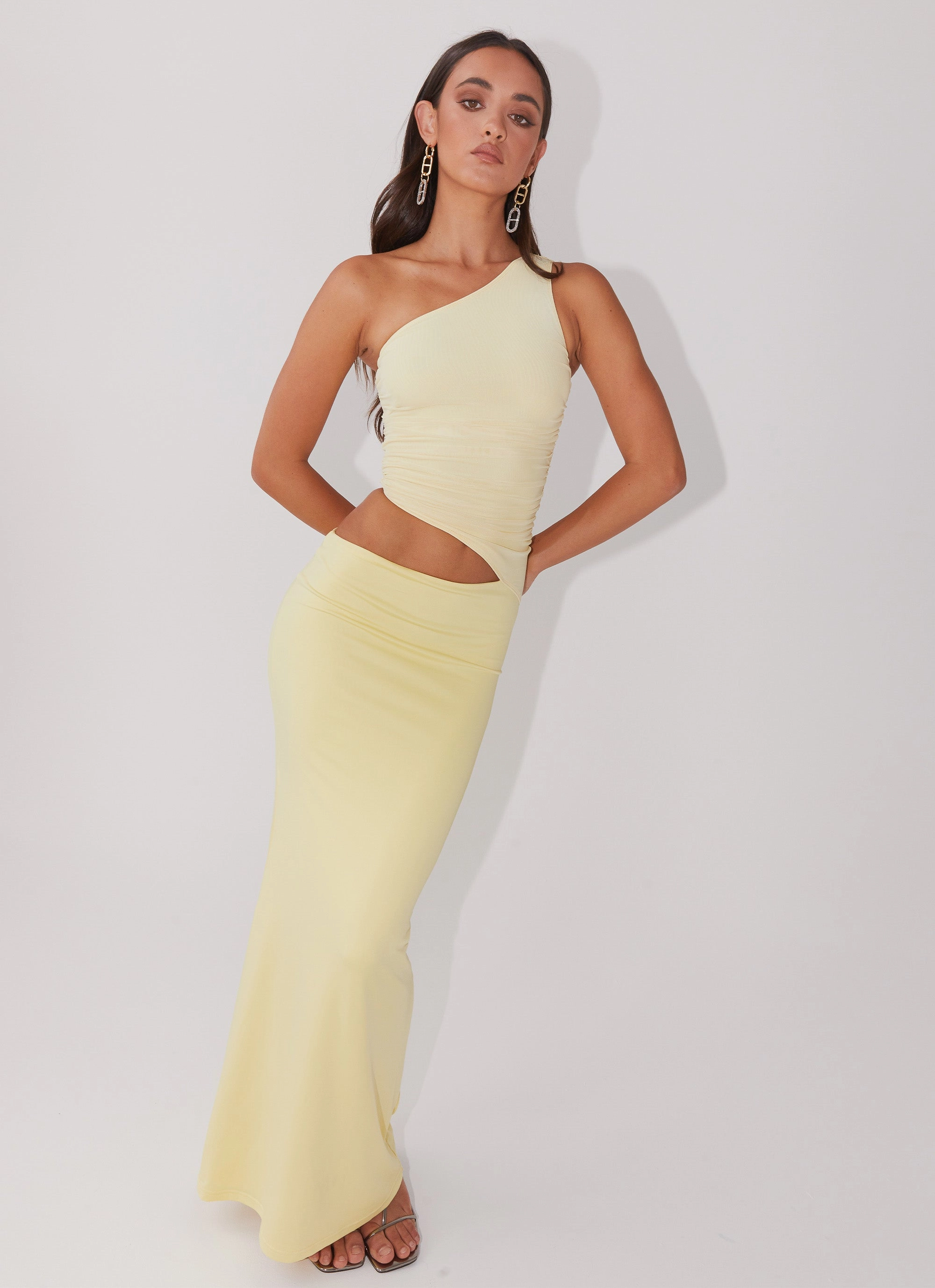 Long Sleeve Trendy floral dress Seranella One Shoulder Maxi Dress - Lemon