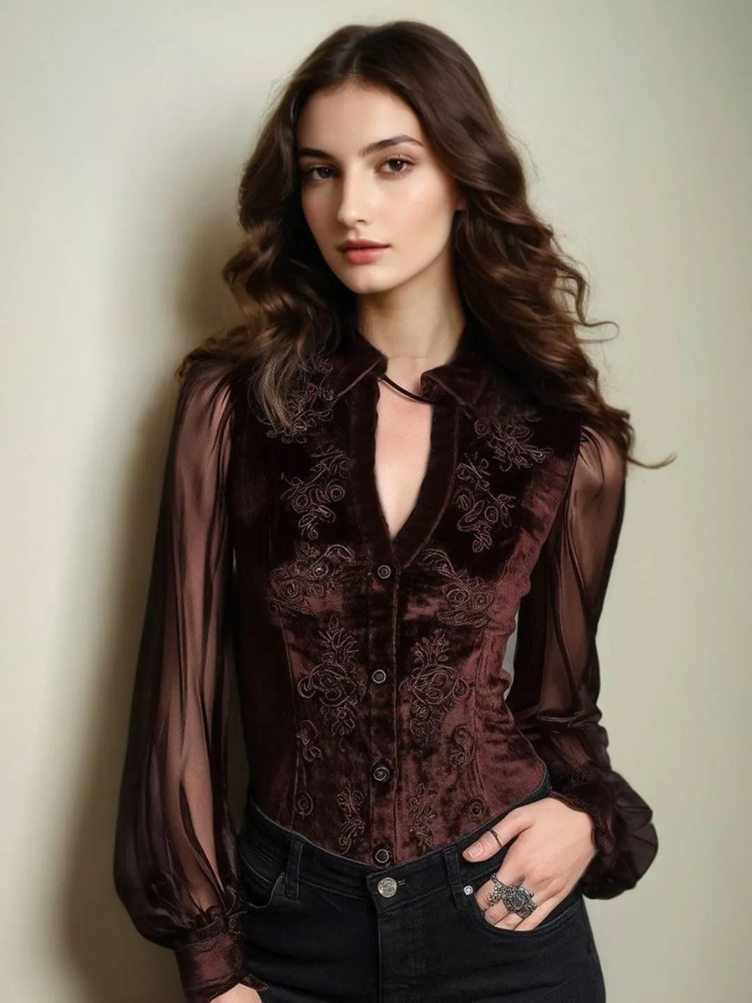 HighNeckCut Sevyn V-Neck Long Sleeves Blouse