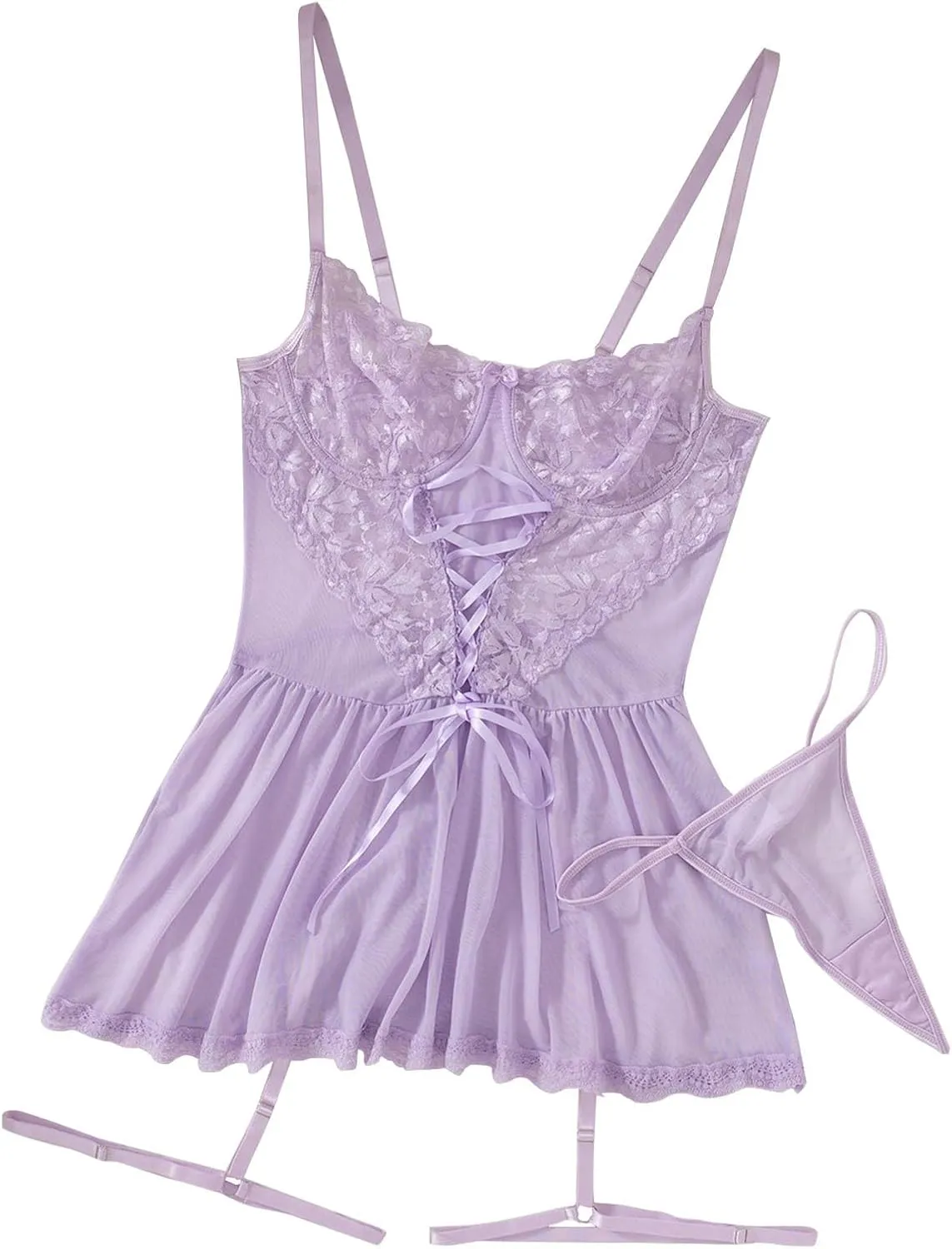 Sexy Lingerie Set for Women Lace Applique Bodysuits 2 Piece Nightdress and Thong Sets Strappy Lingerie Babydoll