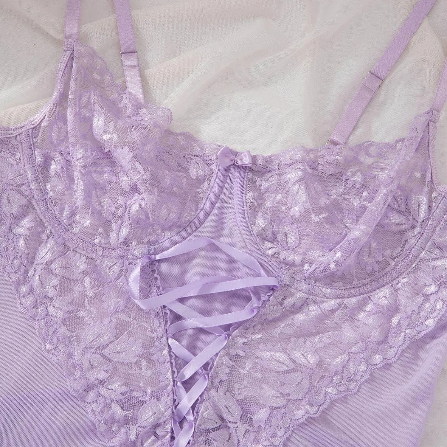 Sexy Lingerie Set for Women Lace Applique Bodysuits 2 Piece Nightdress and Thong Sets Strappy Lingerie Babydoll