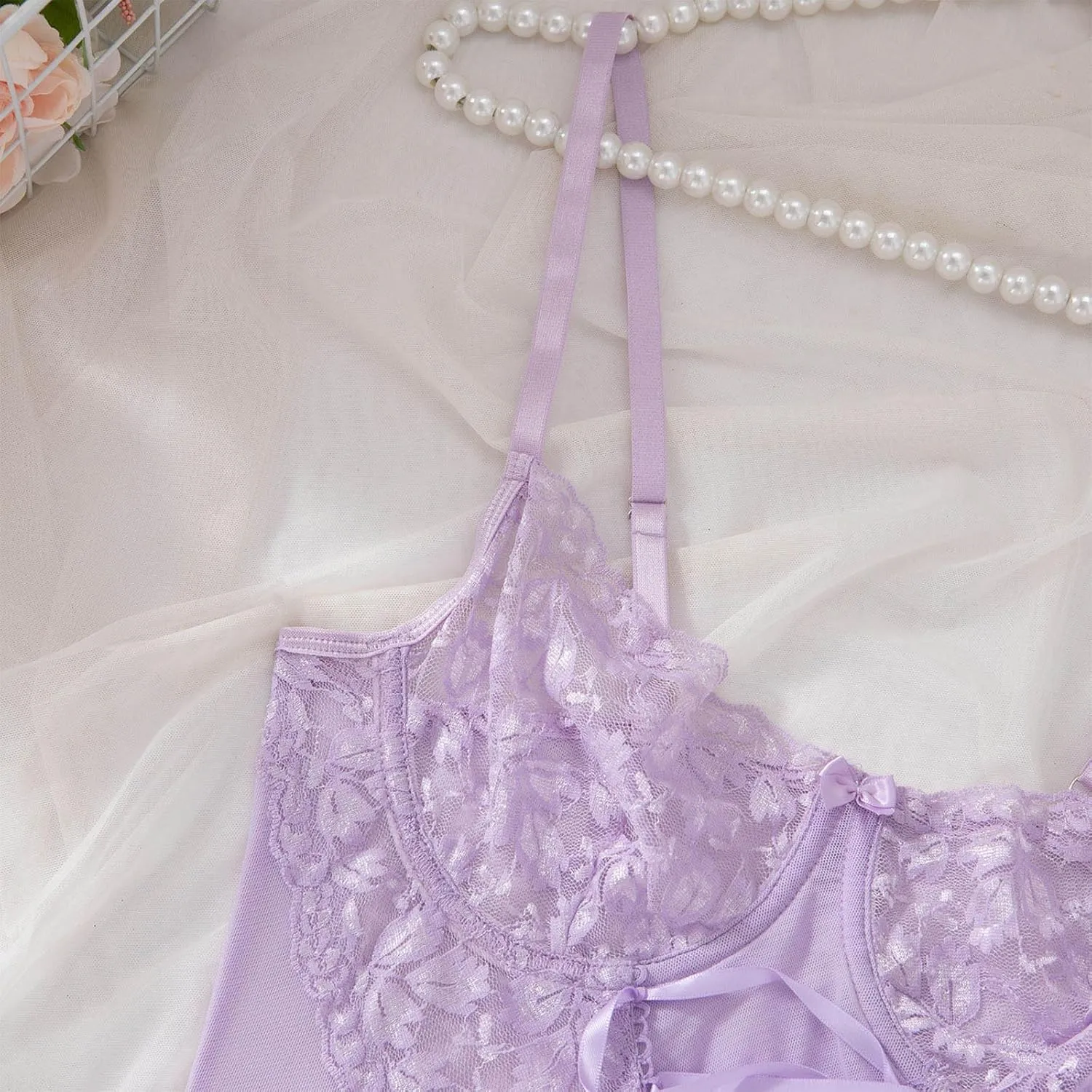 Sexy Lingerie Set for Women Lace Applique Bodysuits 2 Piece Nightdress and Thong Sets Strappy Lingerie Babydoll
