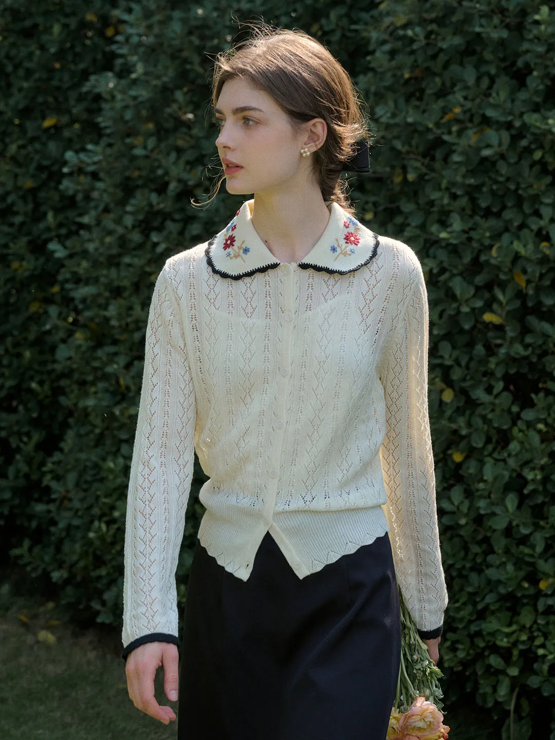 Shay Peter Pan Collar Embroidered Contrast Cutout Cardigan-Apricot Lightweight Design MinimalistAesthetic