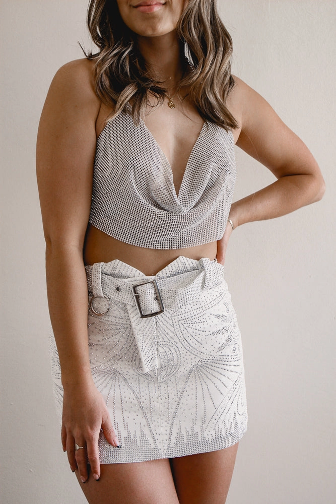She's All That Rhinestone Skirt - White Flat Front Design Mix Texture Weekend Favorite
