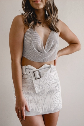 She's All That Rhinestone Skirt - White Flat Front Design Mix Texture Weekend Favorite