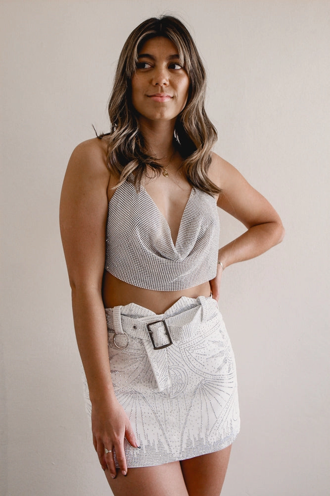 She's All That Rhinestone Skirt - White Ultra Sleek All Season Wear Playful Vibe