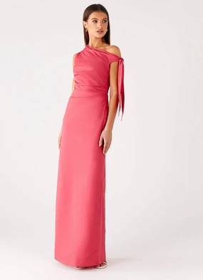 Marella Maxi Dress - Coral Gloss Accent Cinched-Waist