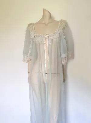 Sheer Aqua Peignoir, Robe, with Puff Sleeves and Lace by Tosca - XL