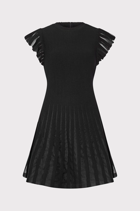 Sheer Flutter Sleeve Knit Mini Dress Lace-Edge Wide Swing
