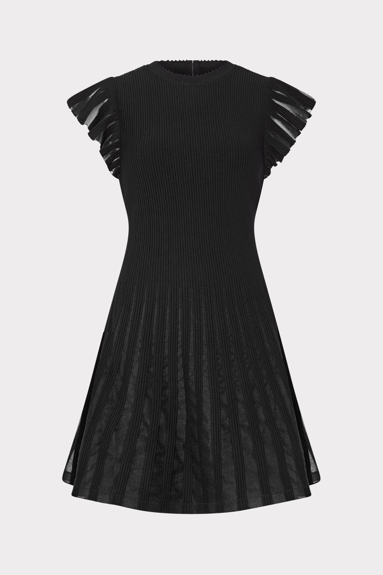 Sheer Flutter Sleeve Knit Mini Dress Lace-Edge Wide Swing