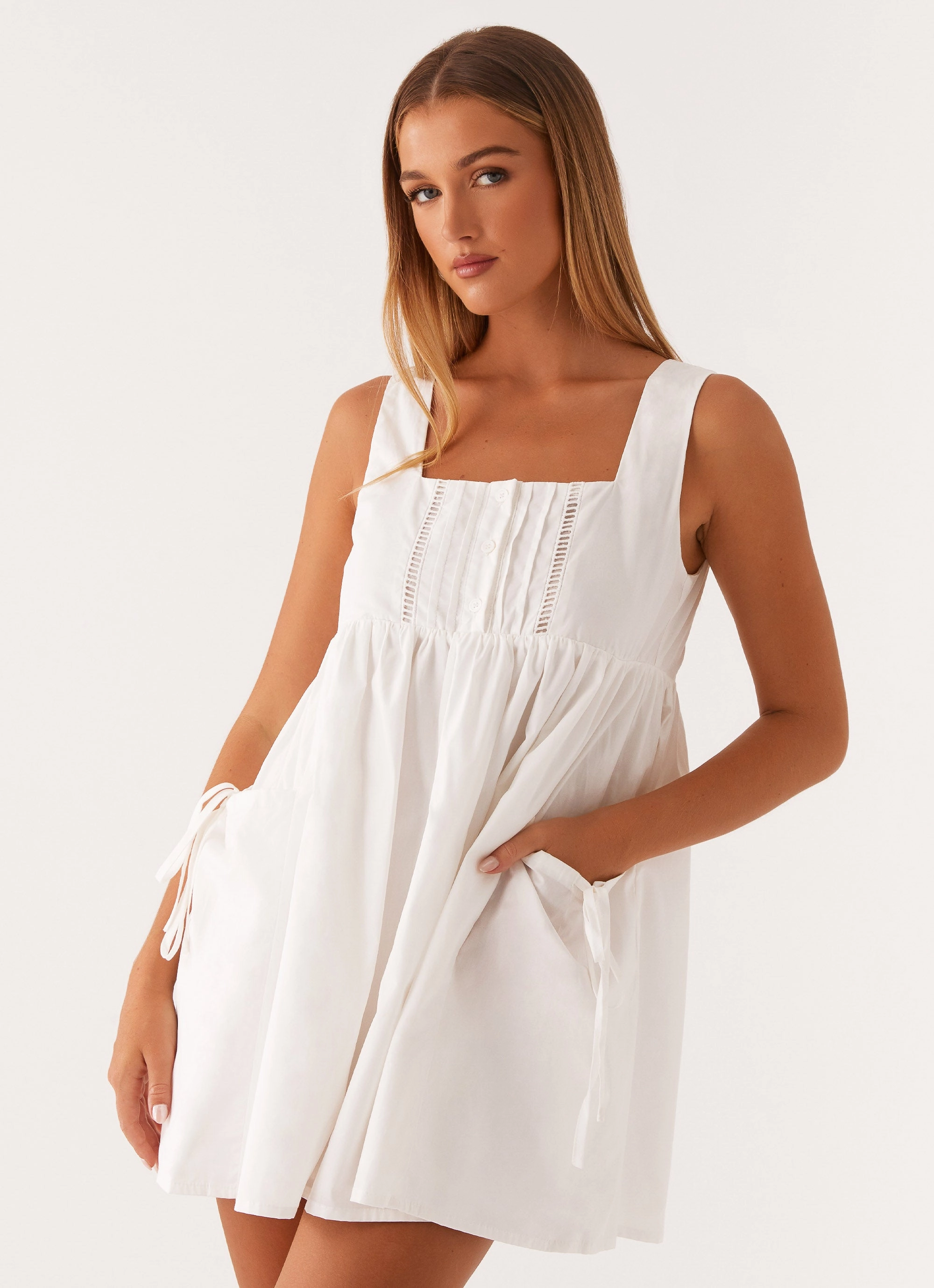 Ottoline Babydoll Mini Dress - White Spring Brunch Cozy Vibes